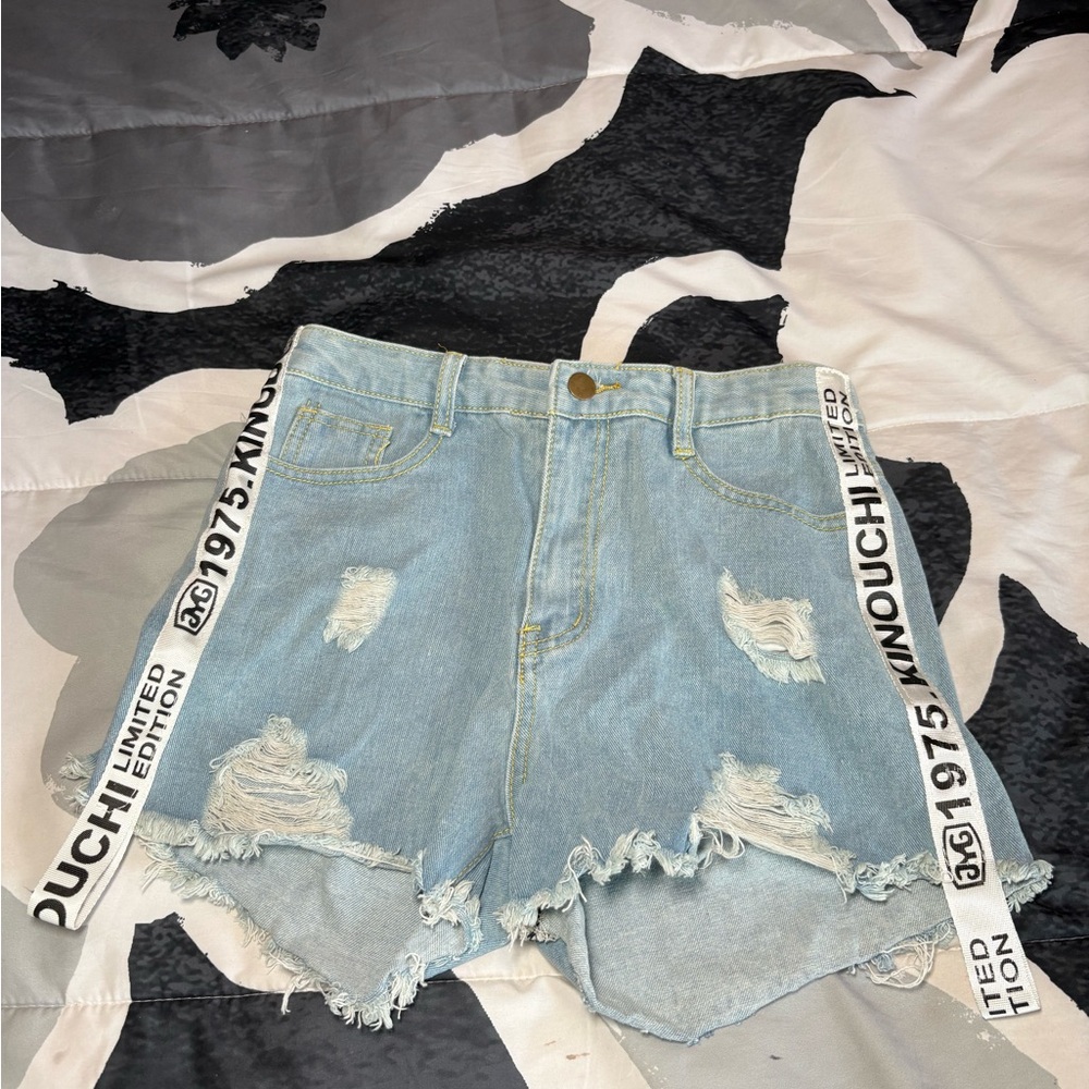 Distressed Denim Shorts with White Accents
